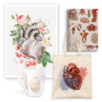 Walentynkowy Komplet - Plakat Anatomiczny Serce w Kwiatach, Torba Anatomiczna Serce, Kubek, Notes Anatomiczny