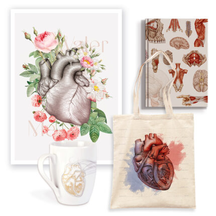 Walentynkowy Komplet - Plakat Anatomiczny Serce w Kwiatach, Torba Anatomiczna Serce, Kubek, Notes Anatomiczny